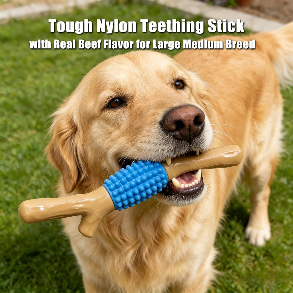 Durable Dog Chew Toy for Aggressive Chewers - Tough Nylon and Rubber Teething Stick with Beef Flavor for Large and Medium Breeds
