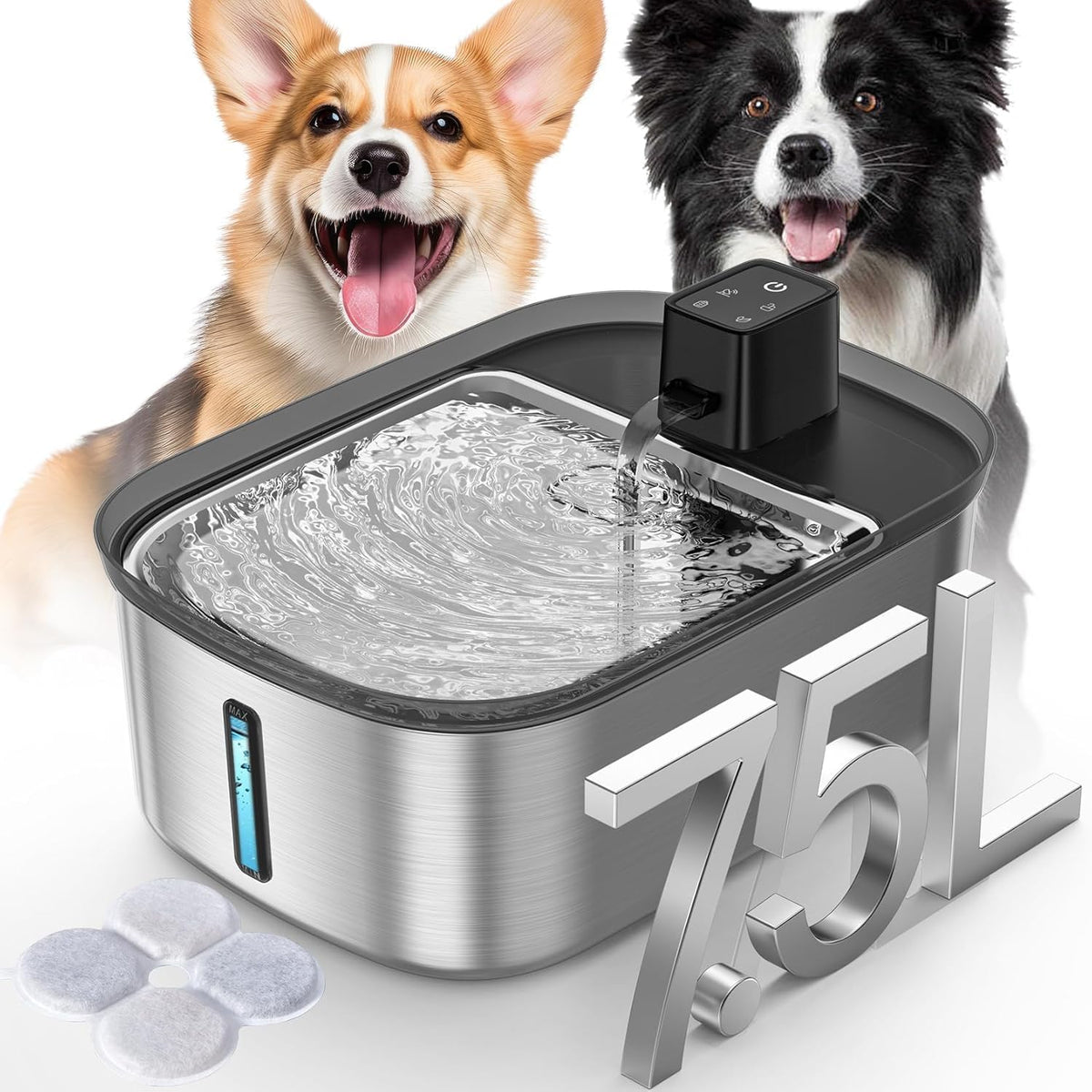 7.5L Stainless Steel Wireless Dog Water Fountain with One Filter Included