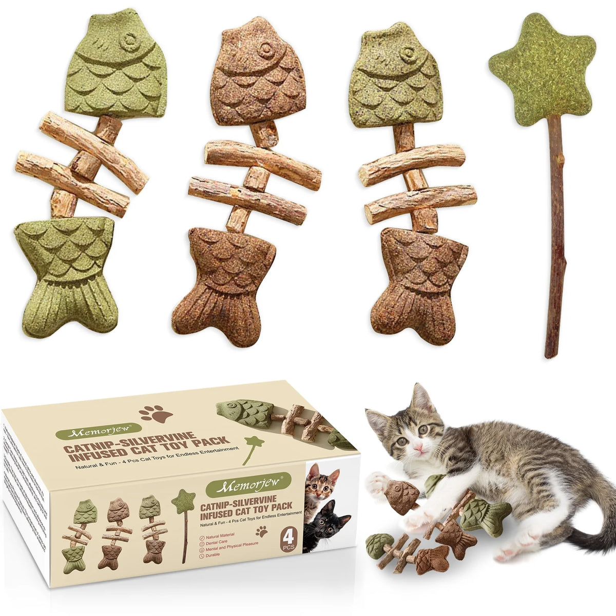 4-Piece Catnip and Natural Gallnut Infused Fish and Star Cat Toy Set - Interactive Chew and Play Experience for Cats