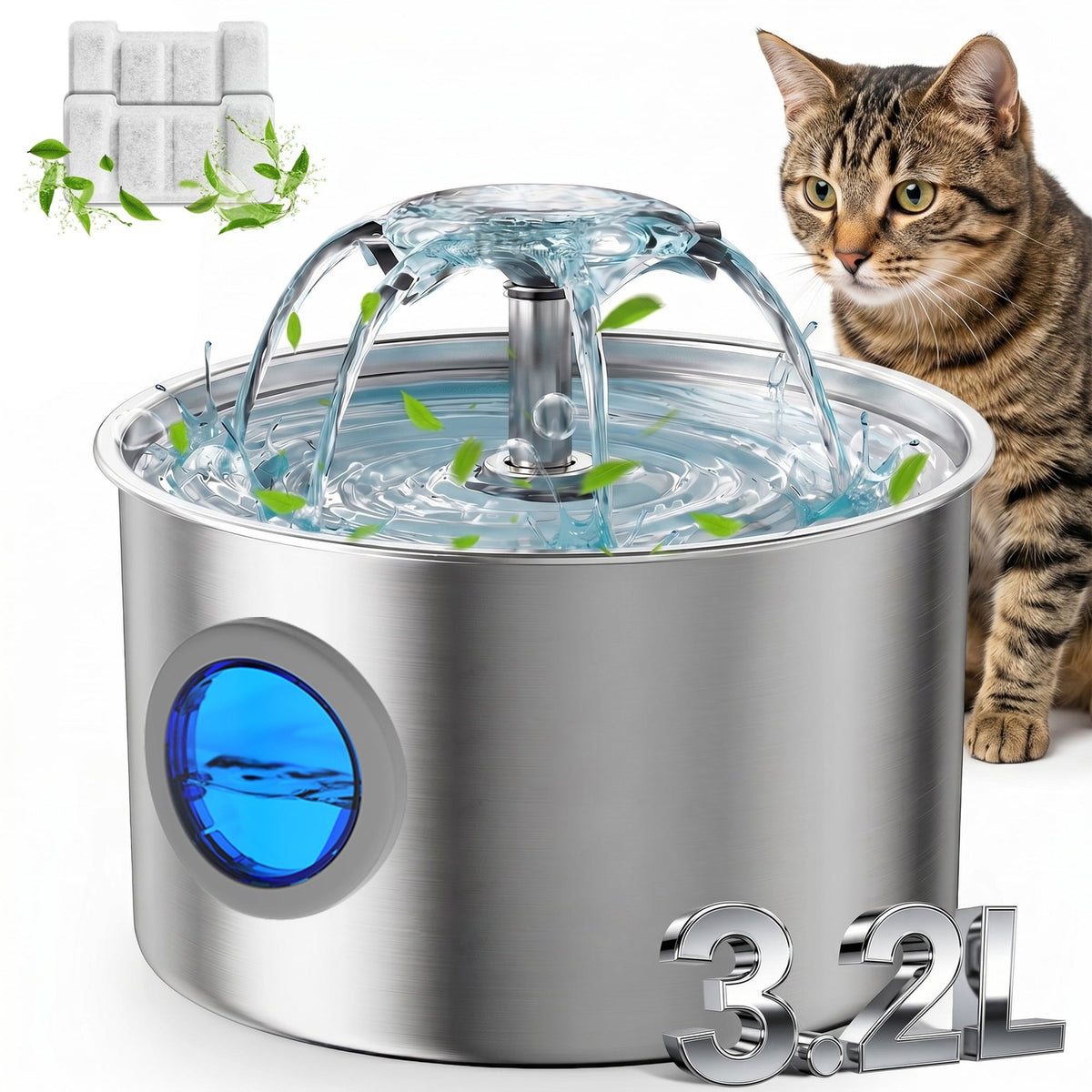 Stainless Steel Automatic Cat and Dog Water Fountain - 108 Oz (3.2L) Capacity