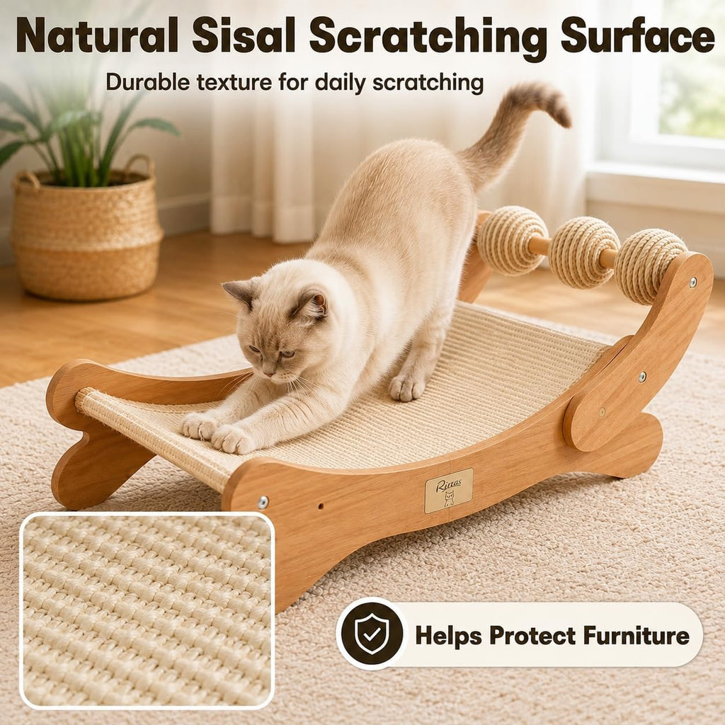 Sisal Cat Scratcher Bed with Three Play Balls and Wooden Hammock for Indoor Cats