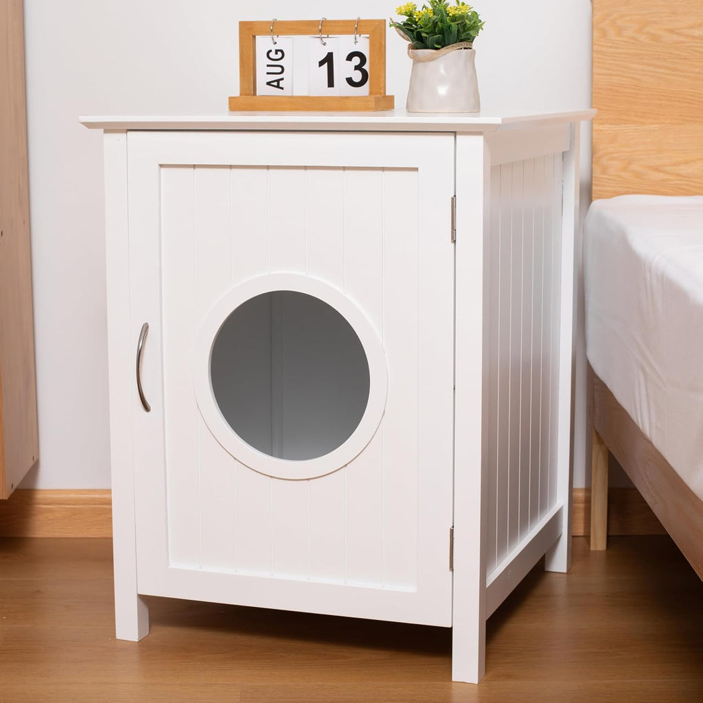 Cat Litter Box Enclosure Furniture - Elegant Hidden Washroom Nightstand with Easy Assembly Storage Cabinet - Large Pet Bedside Table - Available in White