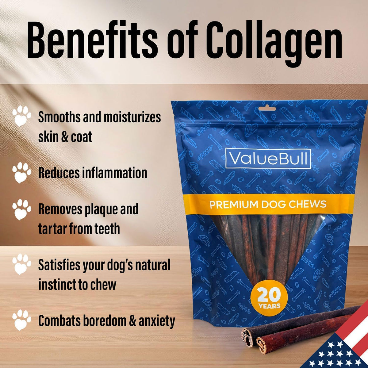 USA Beef Collagen Dog Chews, 12-Inch Thick Sticks, 50 Count