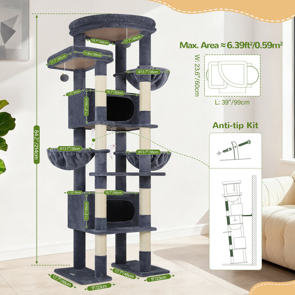 84-Inch Multilevel Corner Cat Tree Tower for Indoor Cats with Dual Condos, Three Hanging Baskets, and Eight Scratching Posts in Dark Gray