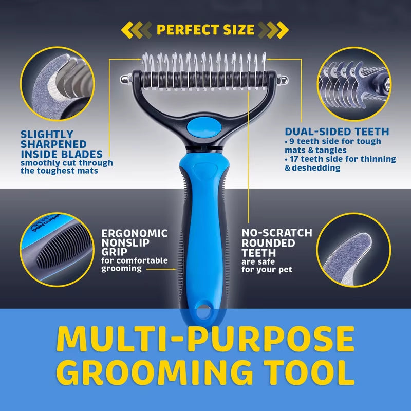 Pet Fur Knot Cutter and Shedding Tool for Dogs and Cats - Double-Sided Grooming Comb and Brush