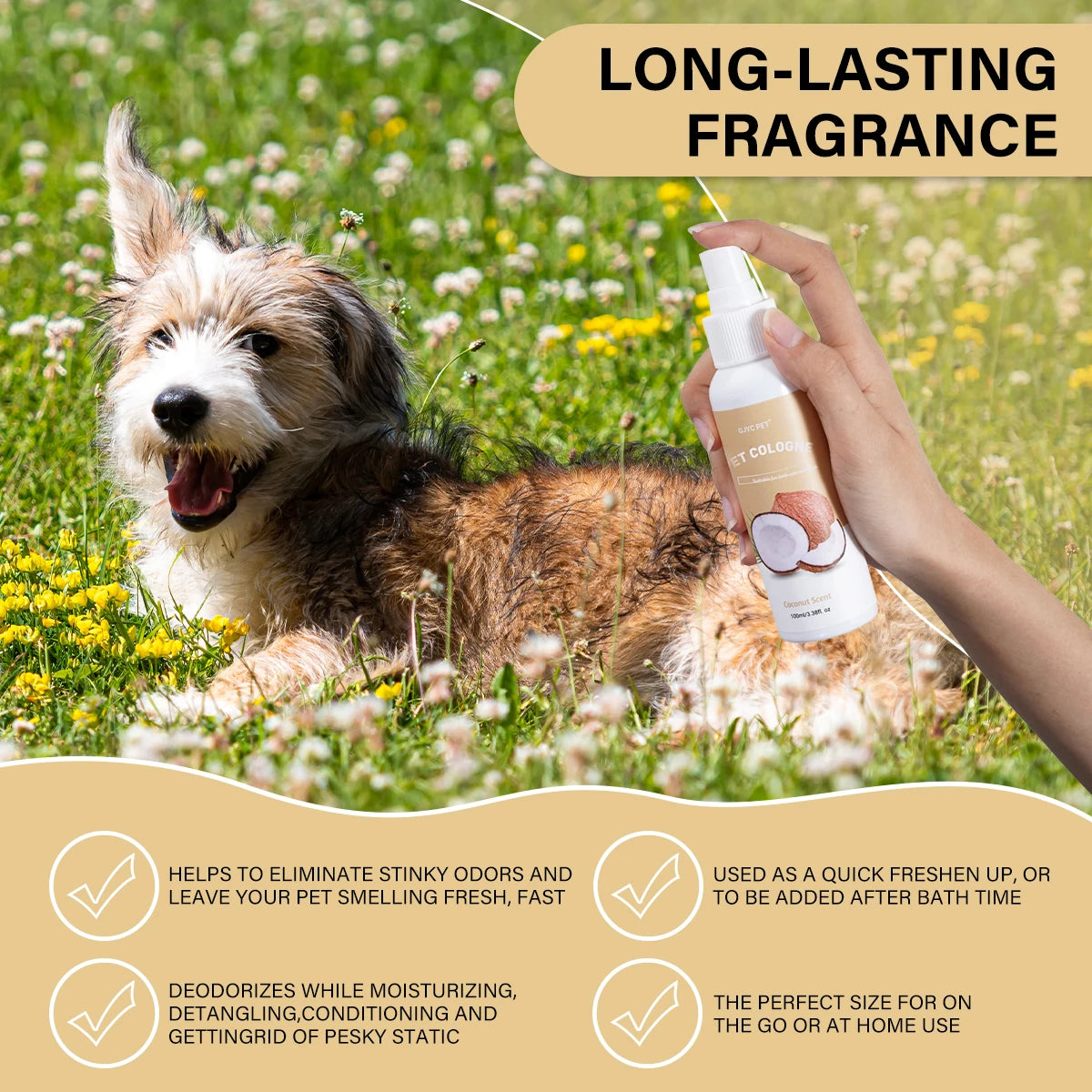 Pet Deodorizing Spray with Coconut Scent - 100ml Long-Lasting Dog Cologne and Natural Odor Neutralizer, Safe for Grooming