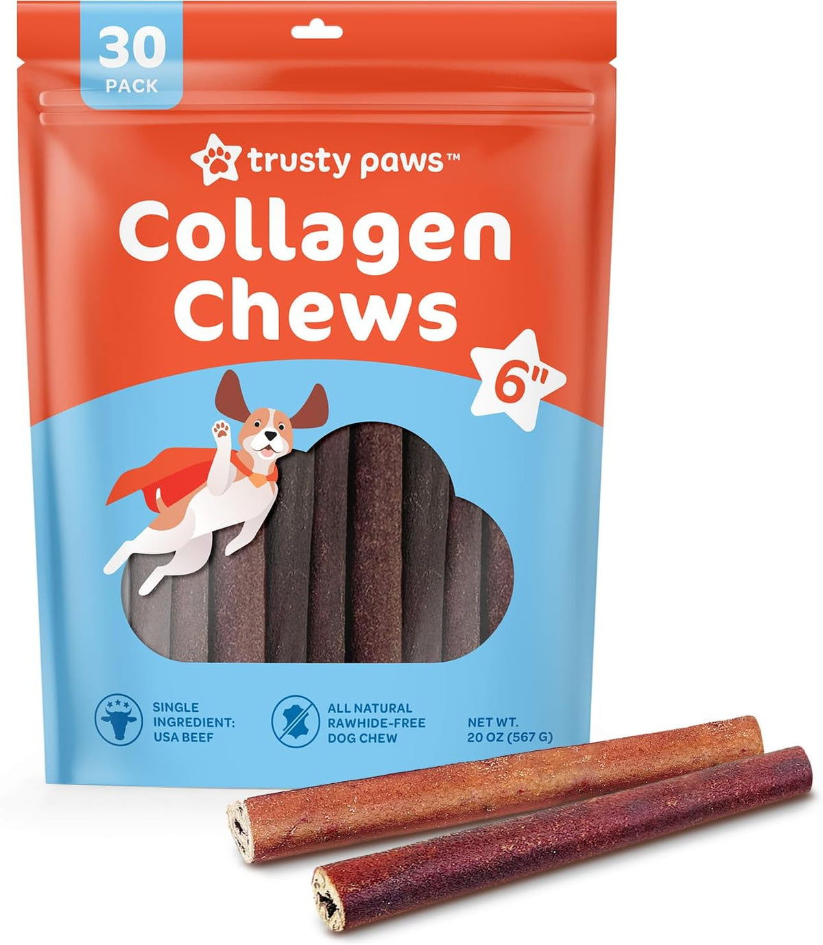 Premium USA Beef Collagen Chews for Dogs – Single Ingredient, 30 Long-Lasting Sticks