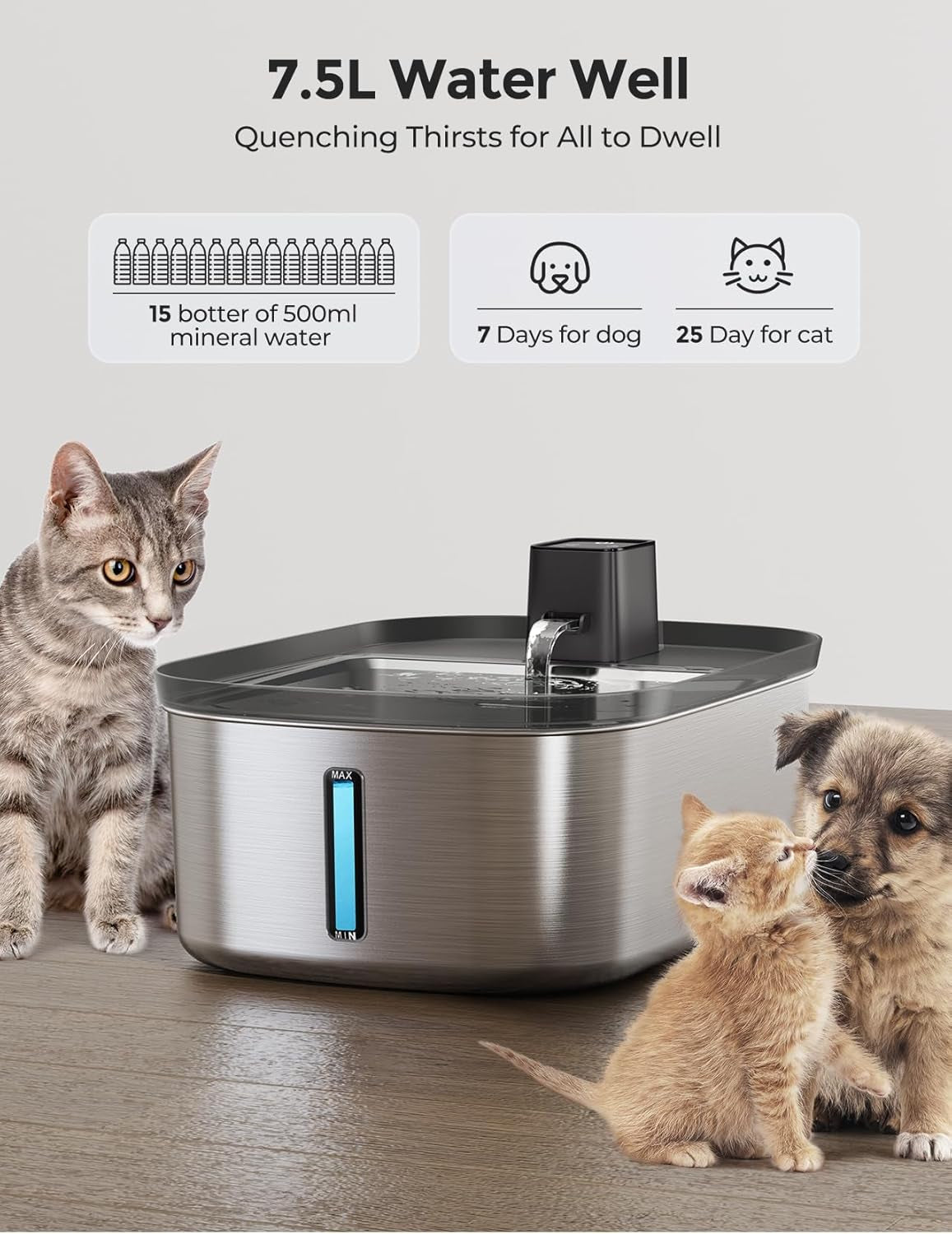 7.5L Stainless Steel Wireless Dog Water Fountain with One Filter Included