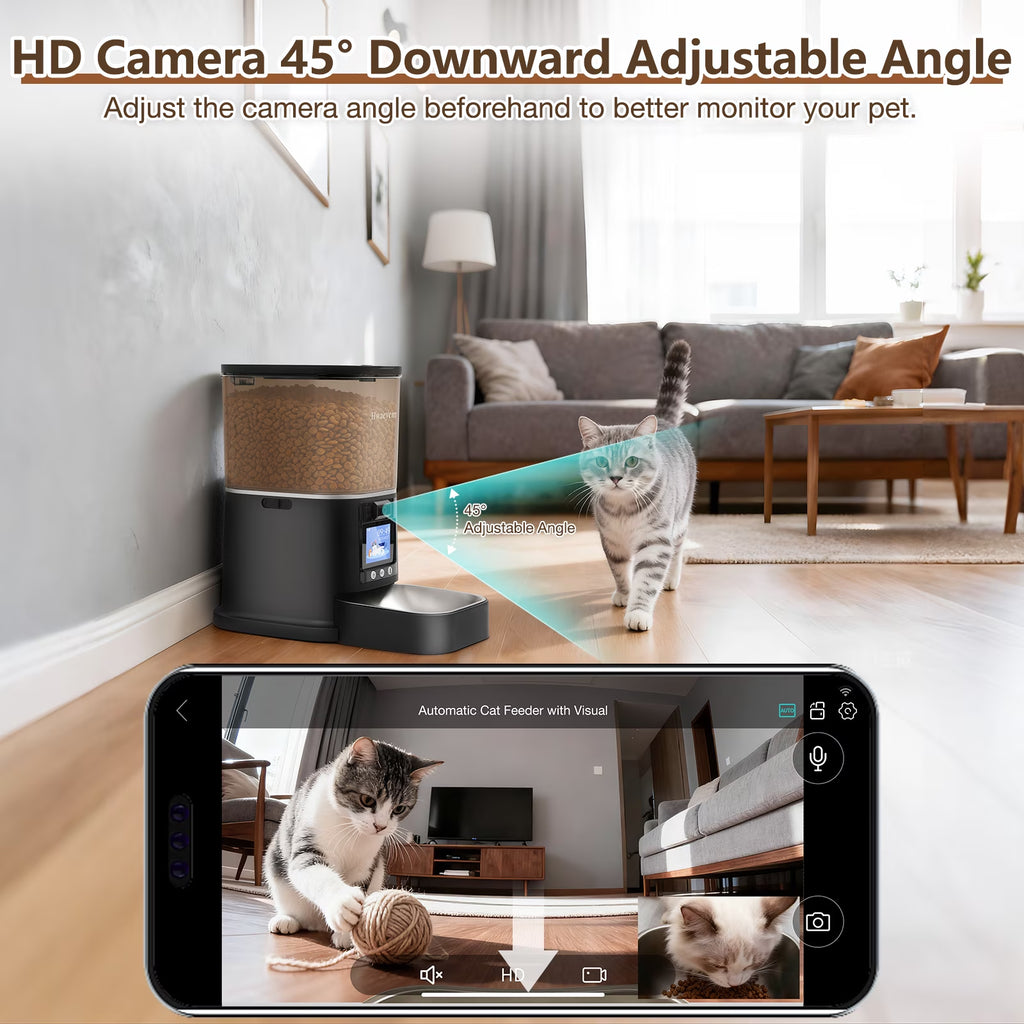 Smart Automatic Cat Feeder with Camera, 5G WiFi Connectivity, Remote APP Control, Timed Portion Dispensing, High Capacity for Cats and Dogs, Black