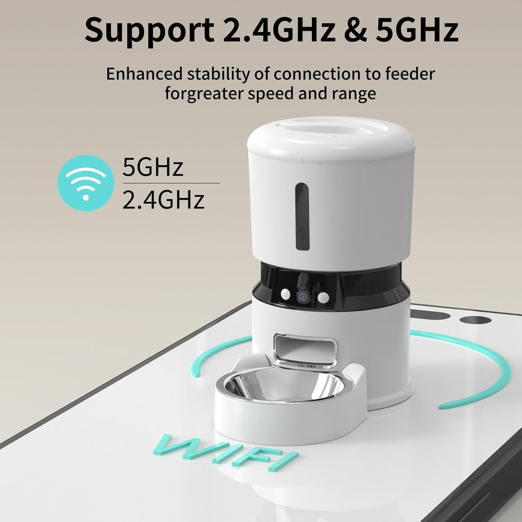 Automatic Cat Feeder with Dual 1080P HD Cameras, Night Vision, Two-Way Audio, Smart Wi-Fi Connectivity, Programmable Schedule, and Slow Feed Bowl - White
