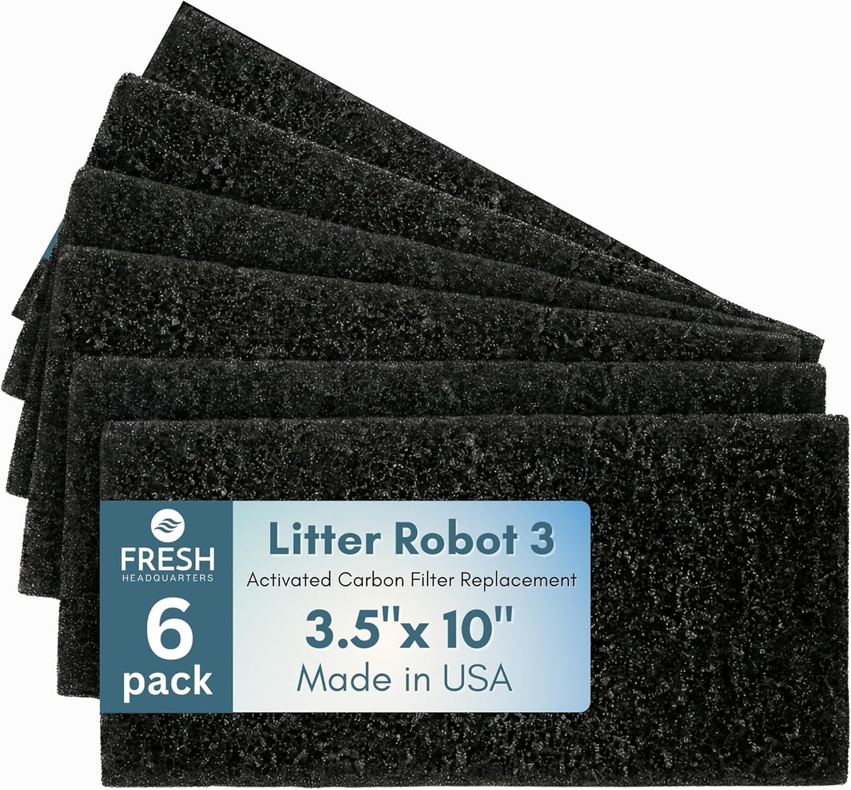 Activated Litter Robot 3 Carbon Filters - Pre-Cut Activated Charcoal Replacement Filters for Odor Control and Dust Reduction - 6-Pack - Made in the USA - Dimensions: 3.5” x 10”