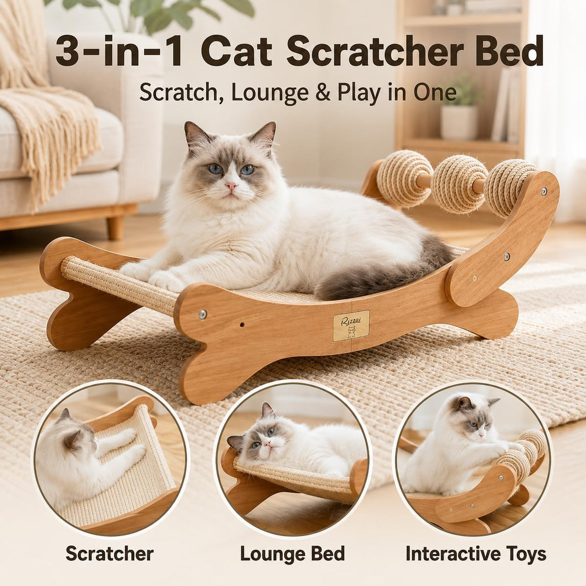 Sisal Cat Scratcher Bed with Three Play Balls and Wooden Hammock for Indoor Cats