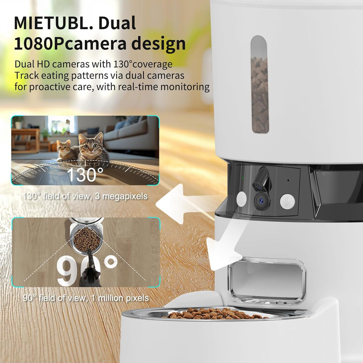 Automatic Cat Feeder with Dual 1080P HD Cameras, Night Vision, Two-Way Audio, Smart Wi-Fi Connectivity, Programmable Schedule, and Slow Feed Bowl - White