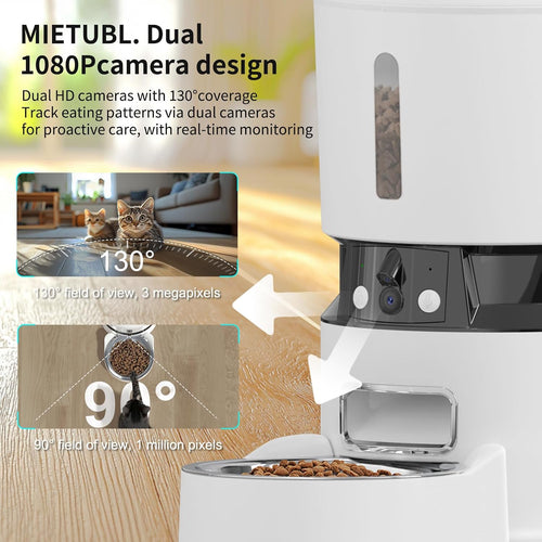 Automatic Cat Feeder with Dual 1080P HD Cameras, Night Vision, Two-Way Audio, Smart Wi-Fi Connectivity, Programmable Schedule, and Slow Feed Bowl - White