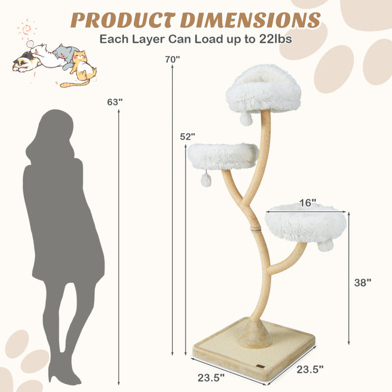 70-Inch Cat Tree Tower with Four Levels, Three Perches, and Interactive Dangling Balls