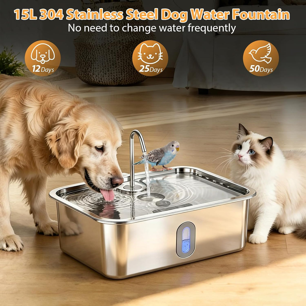 15L/4Gal Stainless Steel Pet Water Fountain with Filter Set
