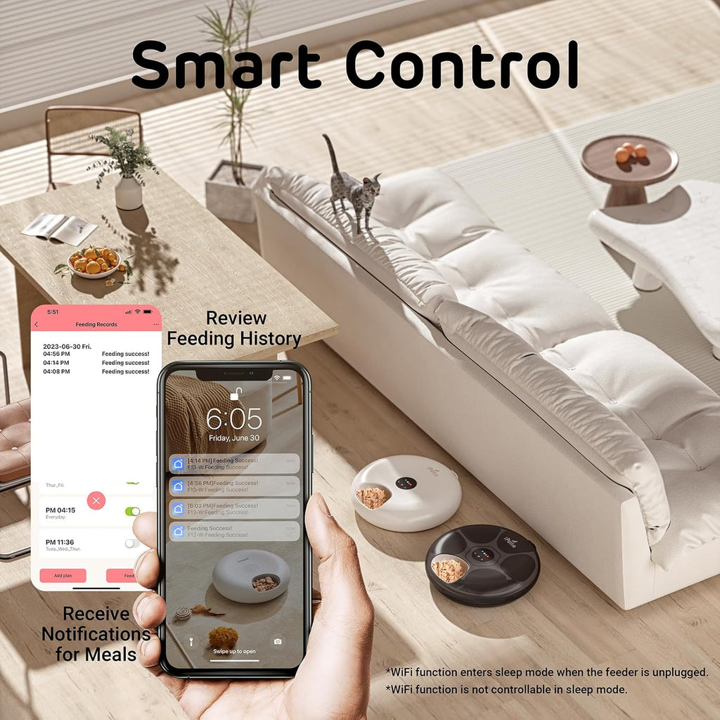 Donut Frost Wifi 6 Meal Automatic Cat Food Dispenser with App Control, Dry & Wet Food Automatic Cat Feeder, Smart Dog Feeder with Two Ice Packs, Programmable Timer