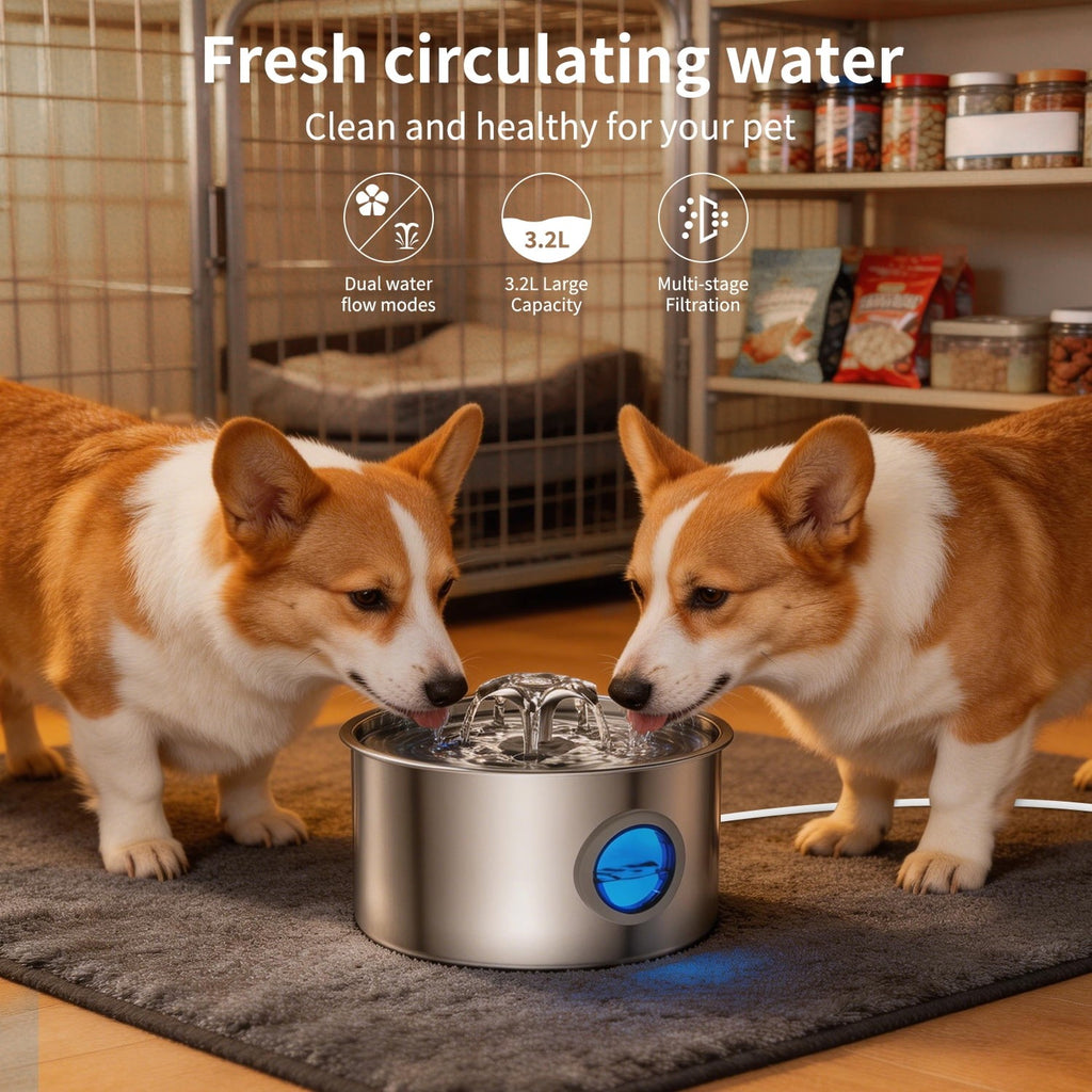 Stainless Steel Automatic Cat and Dog Water Fountain - 108 Oz (3.2L) Capacity