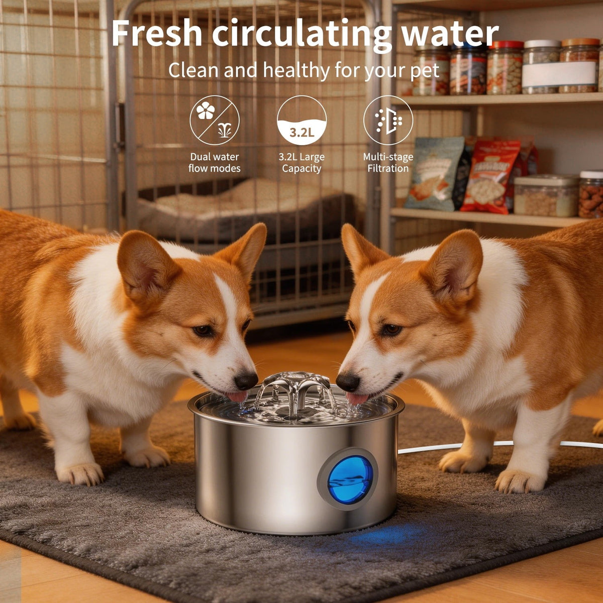 Stainless Steel Automatic Cat and Dog Water Fountain - 108 Oz (3.2L) Capacity