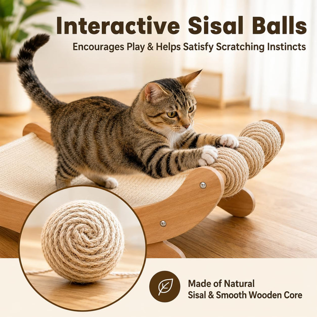 Sisal Cat Scratcher Bed with Three Play Balls and Wooden Hammock for Indoor Cats