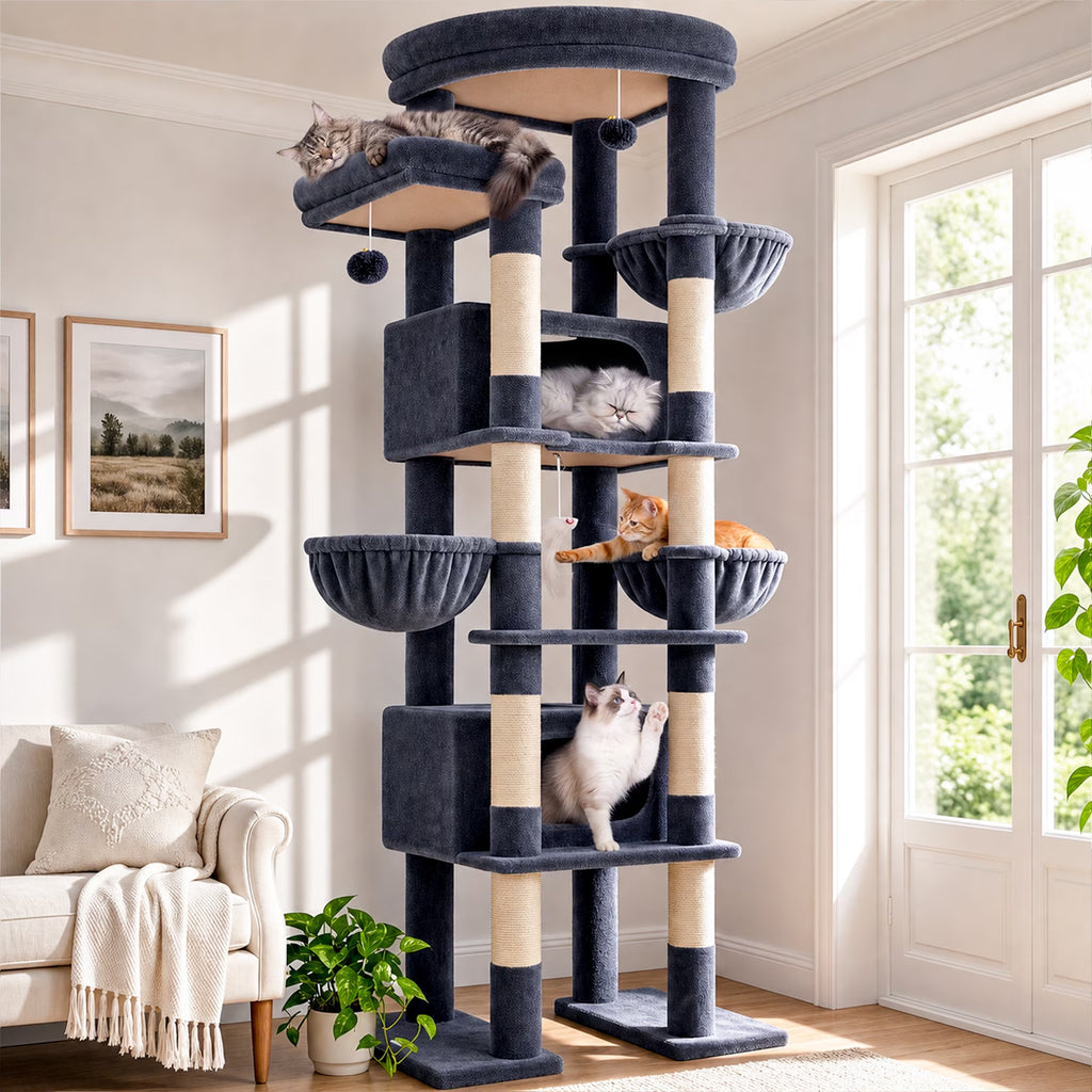 84-Inch Multilevel Corner Cat Tree Tower for Indoor Cats with Dual Condos, Three Hanging Baskets, and Eight Scratching Posts in Dark Gray