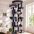 84-Inch Multilevel Corner Cat Tree Tower for Indoor Cats with Dual Condos, Three Hanging Baskets, and Eight Scratching Posts in Dark Gray
