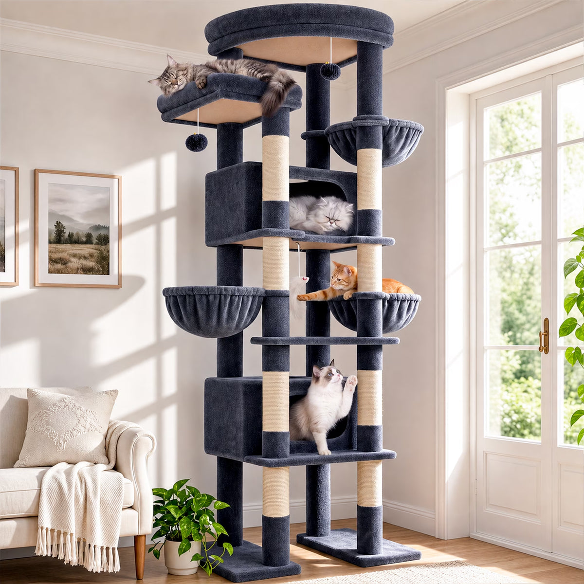 84-Inch Multilevel Corner Cat Tree Tower for Indoor Cats with Dual Condos, Three Hanging Baskets, and Eight Scratching Posts in Dark Gray