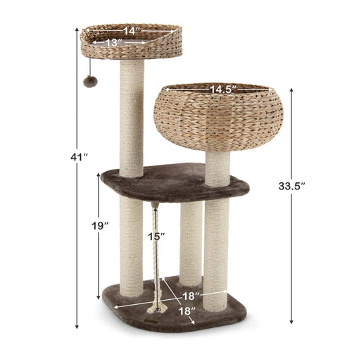 41-Inch Artisan Cat Tree Tower with Natural Bowl Design and Two Perches