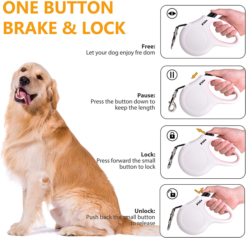 Retractable Dog Leash with Integrated Dispenser and Poop Bags, 10 Feet, White and Pink