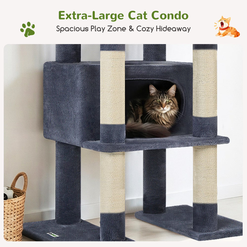 84-Inch Multilevel Corner Cat Tree Tower for Indoor Cats with Dual Condos, Three Hanging Baskets, and Eight Scratching Posts in Dark Gray