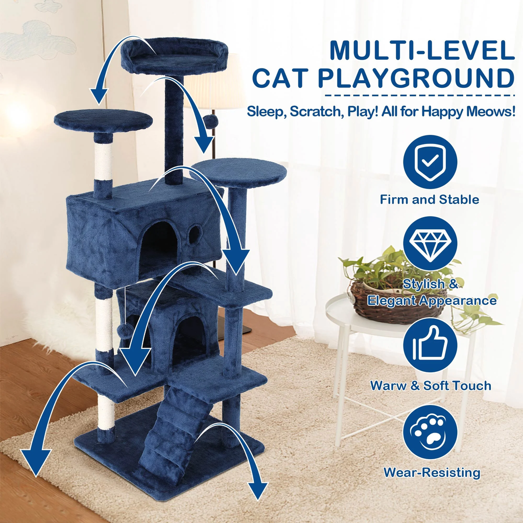 54-Inch Multi-Level Cat Tree Tower for Small to Medium Cats with Scratching Posts and Condos for Indoor Play