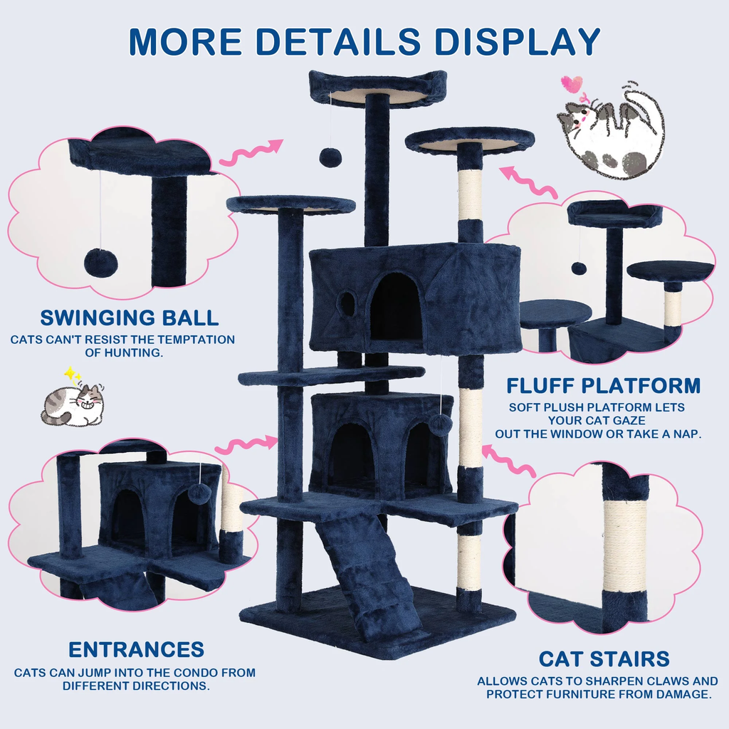 54-Inch Multi-Level Cat Tree Tower for Small to Medium Cats with Scratching Posts and Condos for Indoor Play