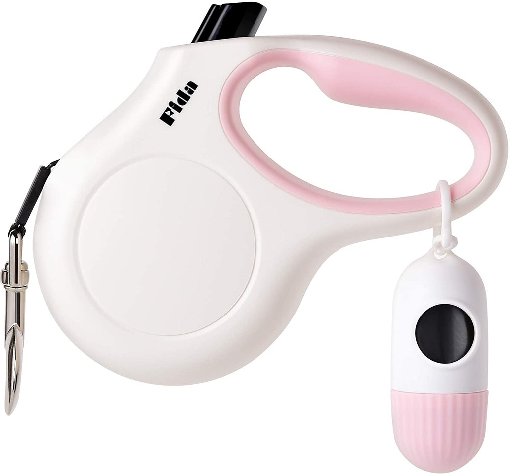 Retractable Dog Leash with Integrated Dispenser and Poop Bags, 10 Feet, White and Pink