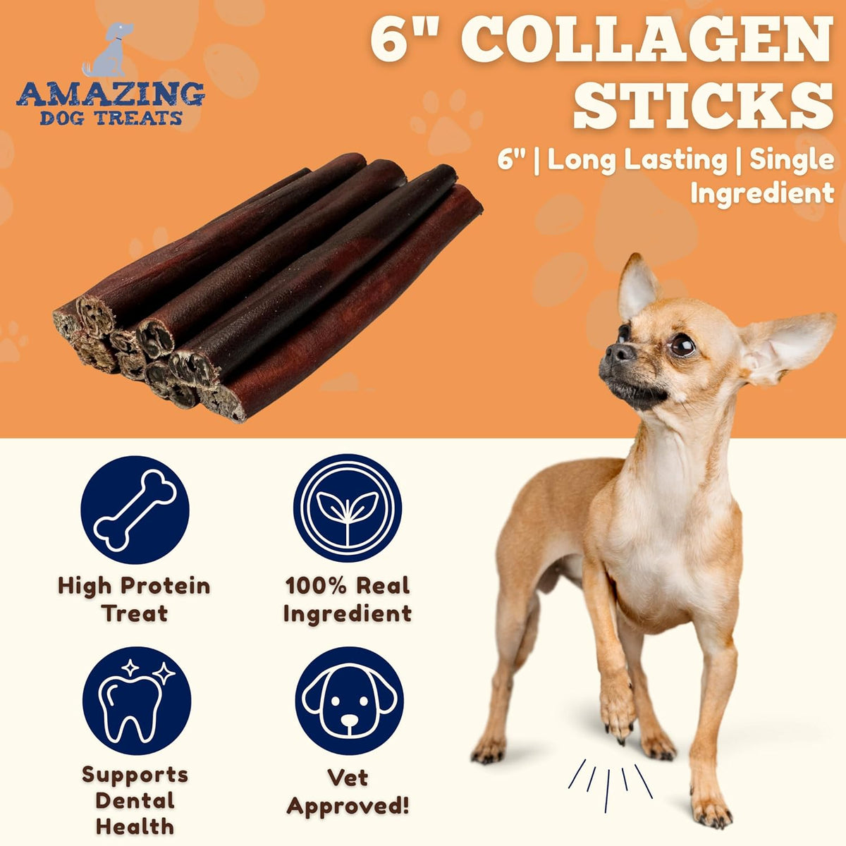 Collagen Dental Chews for Dogs - 6" Sticks, 50 Count