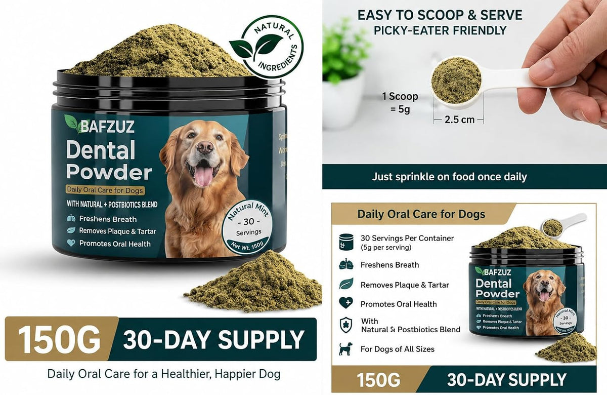 Dog Dental Powder - Teeth Cleaning and Plaque Tartar Support for Fresh Breath and Oral Health - Natural Brown Algae Formula - 30-Day Supply (150G)