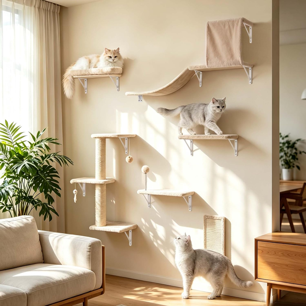 6-in-1 Wooden Cat Wall Shelves Set - Beige Cat Climber Furniture
