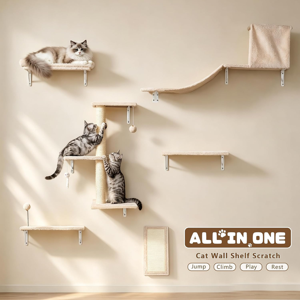 6-in-1 Wooden Cat Wall Shelves Set - Beige Cat Climber Furniture