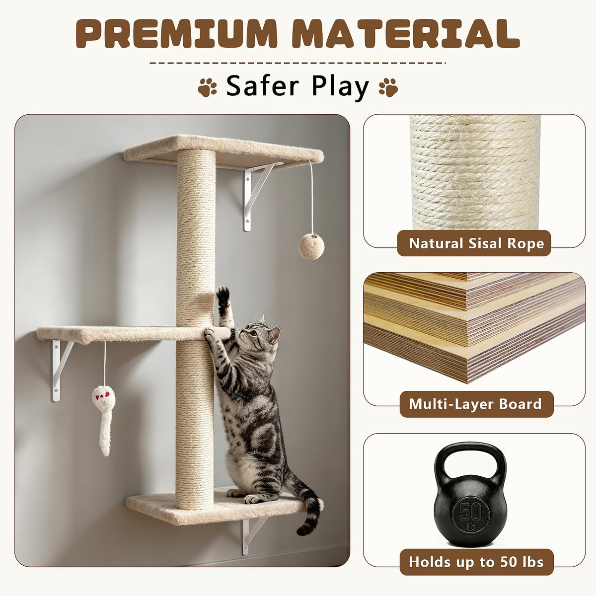 6-in-1 Wooden Cat Wall Shelves Set - Beige Cat Climber Furniture
