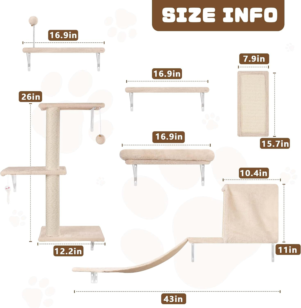 6-in-1 Wooden Cat Wall Shelves Set - Beige Cat Climber Furniture
