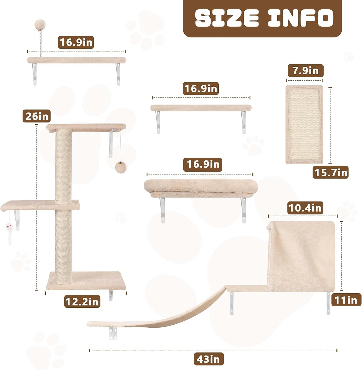6-in-1 Wooden Cat Wall Shelves Set - Beige Cat Climber Furniture