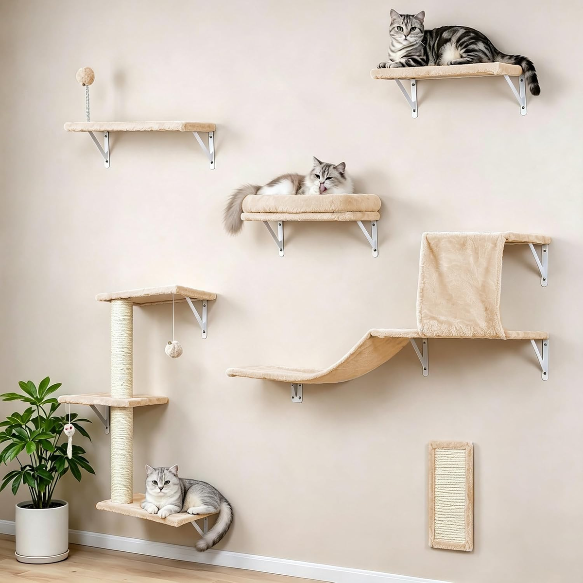 6-in-1 Wooden Cat Wall Shelves Set - Beige Cat Climber Furniture