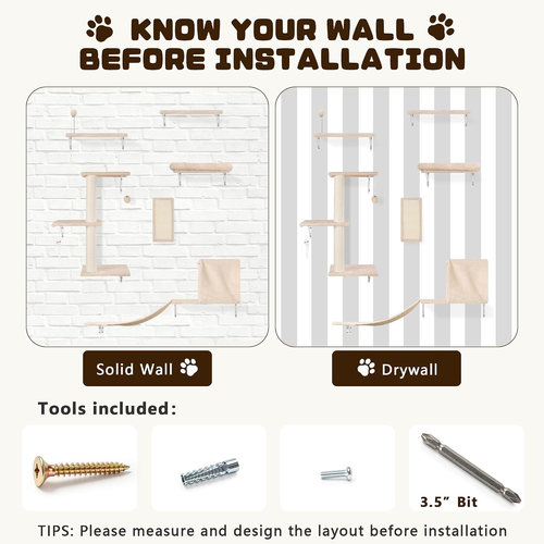 6-in-1 Wooden Cat Wall Shelves Set - Beige Cat Climber Furniture