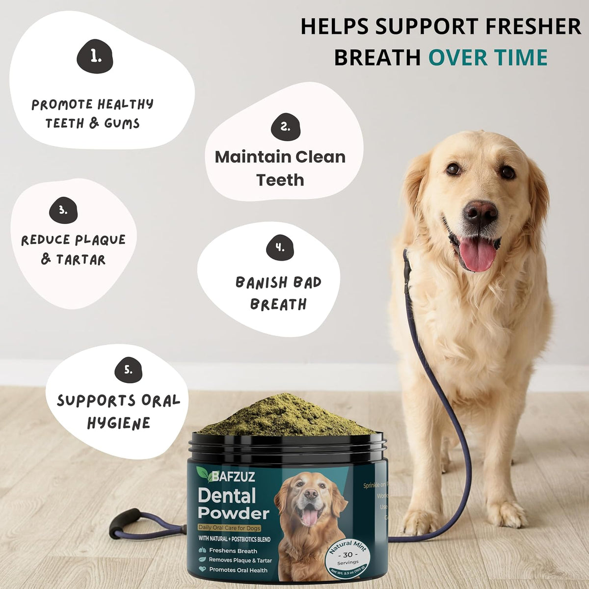Dog Dental Powder - Teeth Cleaning and Plaque Tartar Support for Fresh Breath and Oral Health - Natural Brown Algae Formula - 30-Day Supply (150G)
