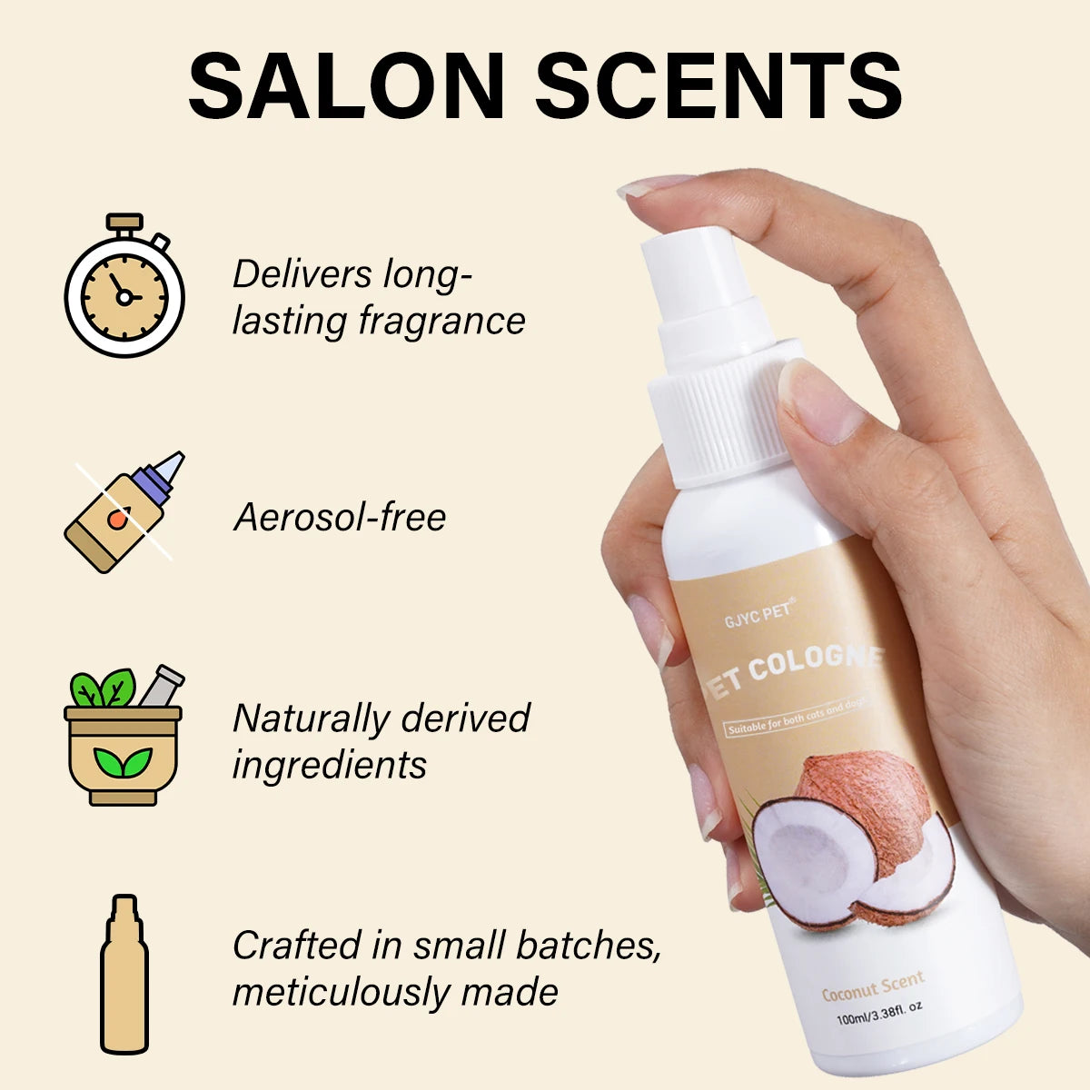 Pet Deodorizing Spray with Coconut Scent - 100ml Long-Lasting Dog Cologne and Natural Odor Neutralizer, Safe for Grooming