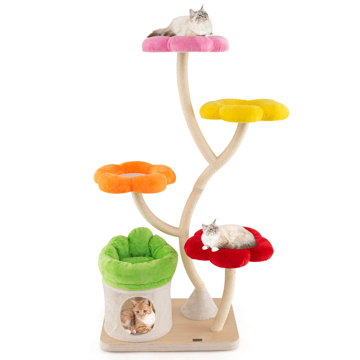 64-Inch Multi-Layer Cat Tower with Four Colorful Flower-Shaped Platforms and Scratching Posts