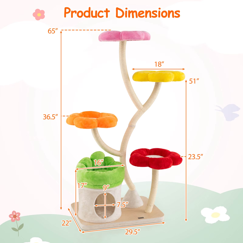 64-Inch Multi-Layer Cat Tower with Four Colorful Flower-Shaped Platforms and Scratching Posts