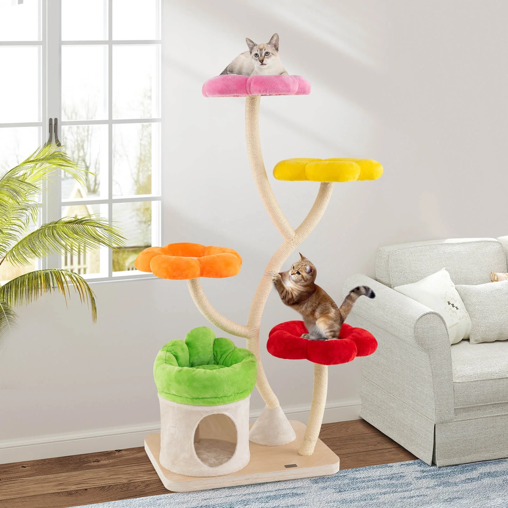 64-Inch Multi-Layer Cat Tower with Four Colorful Flower-Shaped Platforms and Scratching Posts