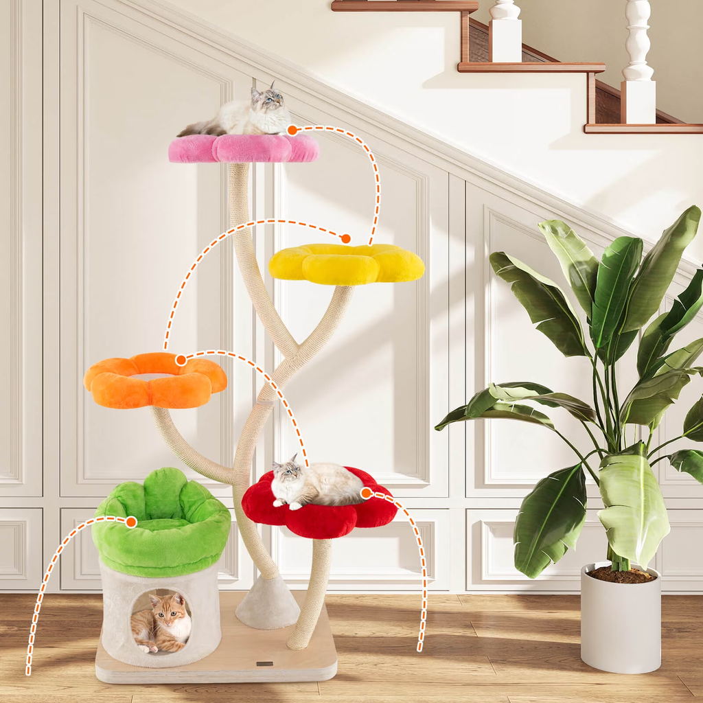 64-Inch Multi-Layer Cat Tower with Four Colorful Flower-Shaped Platforms and Scratching Posts