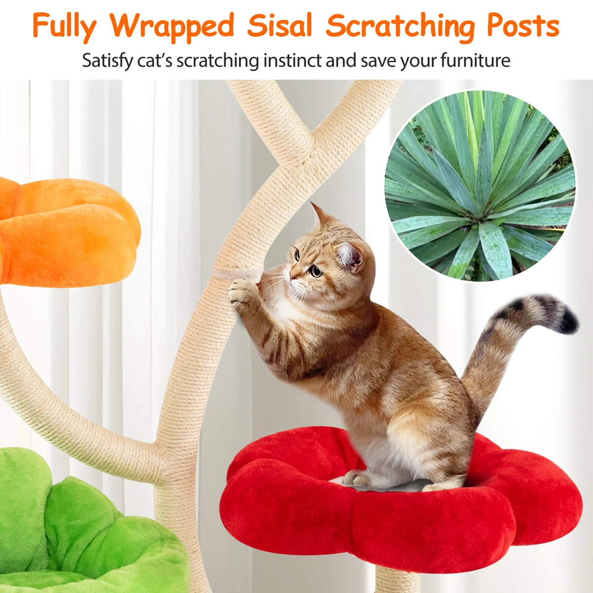 64-Inch Multi-Layer Cat Tower with Four Colorful Flower-Shaped Platforms and Scratching Posts
