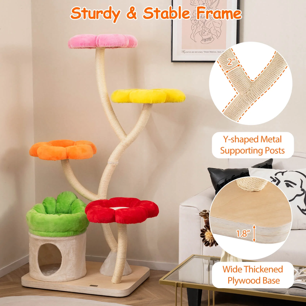 64-Inch Multi-Layer Cat Tower with Four Colorful Flower-Shaped Platforms and Scratching Posts